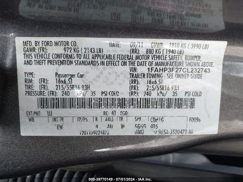 2012 Ford Focus Se VIN: 1FAHP3F27CL232743 Lot: 39770149