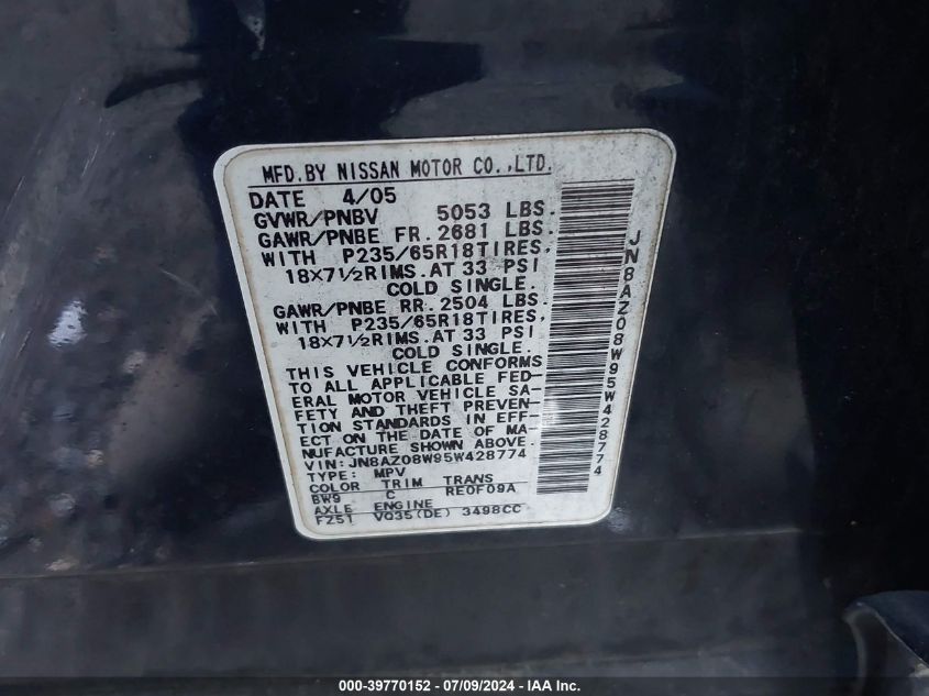 2005 Nissan Murano Sl VIN: JN8AZ08W95W428774 Lot: 39770152