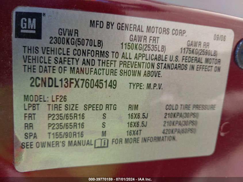 2007 Chevrolet Equinox Ls VIN: 2CNDL13FX76045149 Lot: 39770159