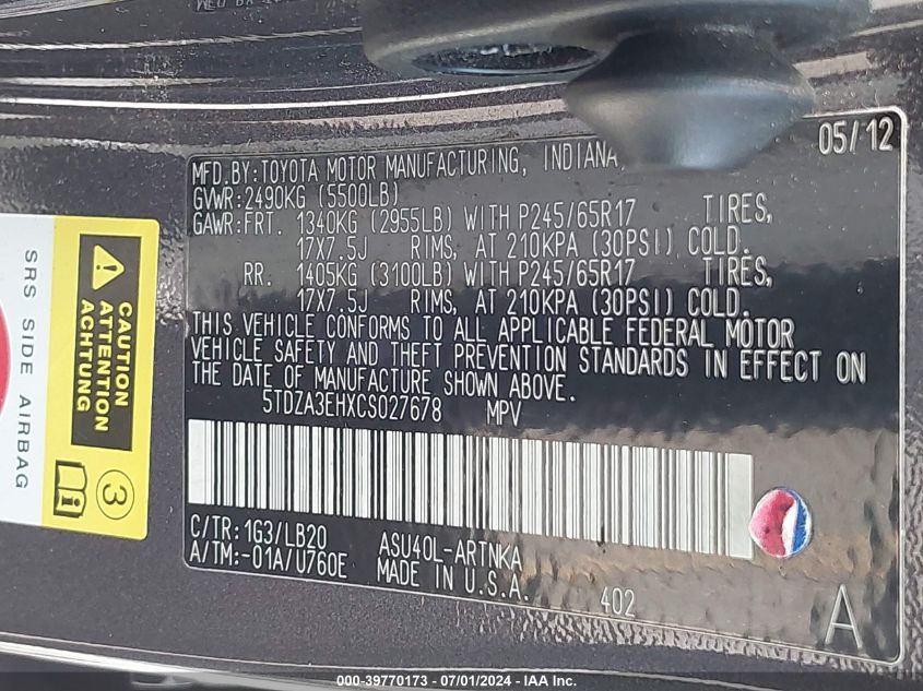 2012 Toyota Highlander Se VIN: 5TDZA3EHXCS027678 Lot: 39770173