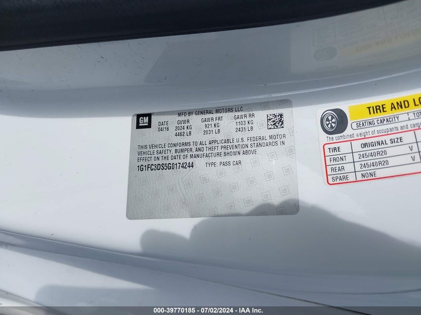 2016 Chevrolet Camaro 2Lt VIN: 1G1FC3DS5G0174244 Lot: 39770185