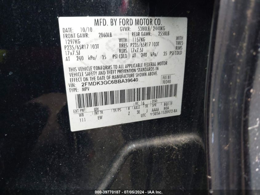 2011 Ford Edge Se VIN: 2FMDK3GC6BBA39640 Lot: 39770187