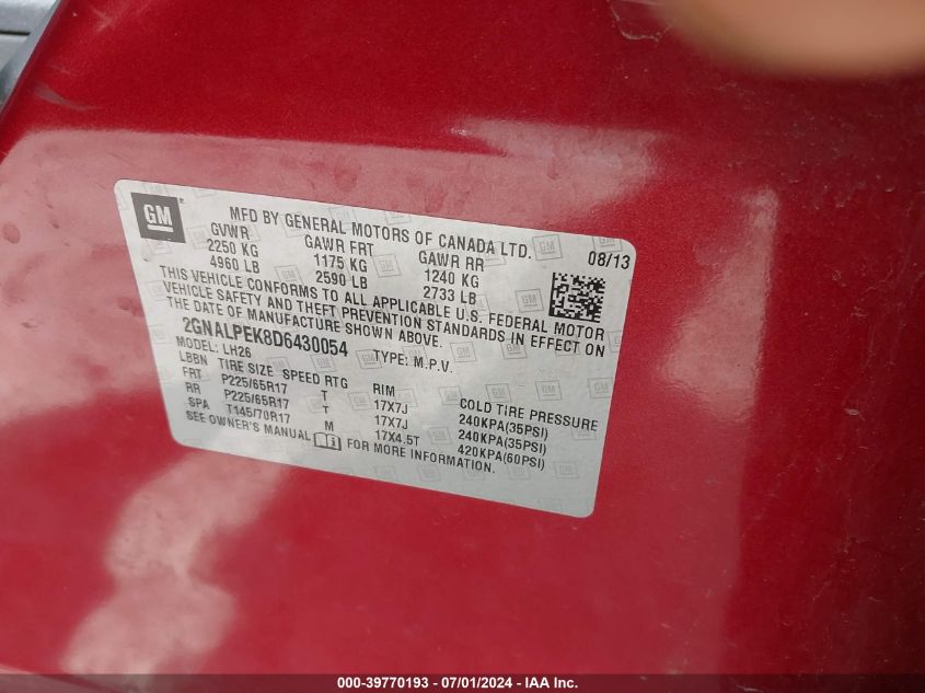 2013 Chevrolet Equinox 2Lt VIN: 2GNALPEK8D6430054 Lot: 39770193