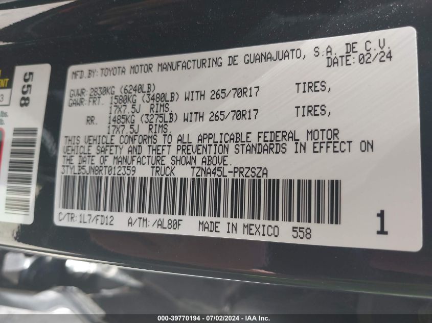 2024 Toyota Tacoma Trd Off Road VIN: 3TYLB5JN8RT012359 Lot: 39770194