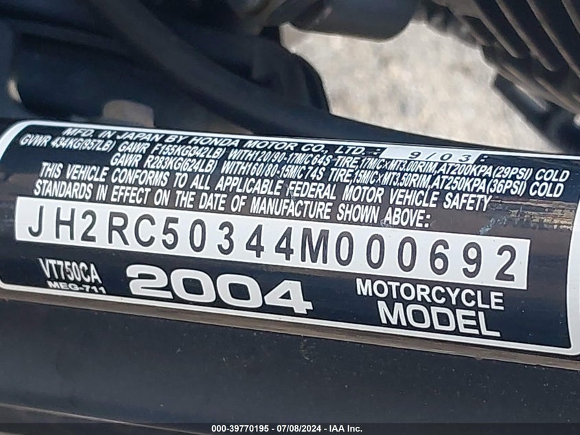 2004 HONDA VT750 CA - JH2RC50344M000692