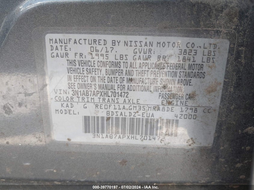 2017 Nissan Sentra Sv VIN: 3N1AB7APXHL701472 Lot: 39770197