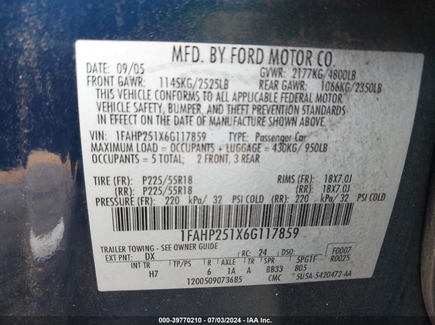 2006 Ford Five Hundred Limited VIN: 1FAHP251X6G117859 Lot: 39770210