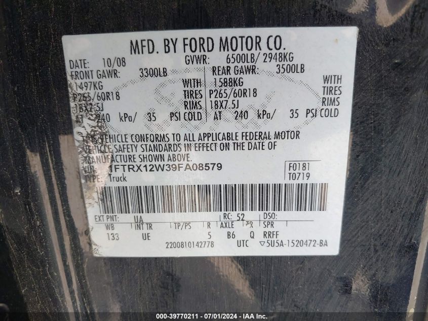 2009 Ford F-150 Stx VIN: 1FTRX12W39FA08579 Lot: 39770211