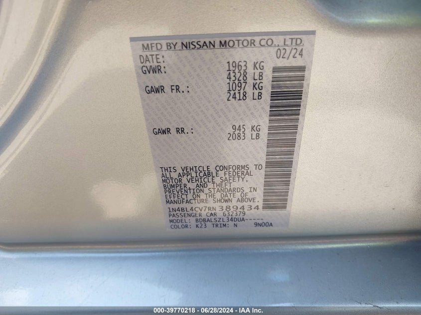 2024 NISSAN ALTIMA SR FWD - 1N4BL4CV7RN389434