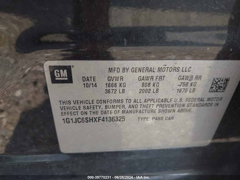 2015 Chevrolet Sonic Lt Auto VIN: 1G1JC6SHXF4136325 Lot: 39770231