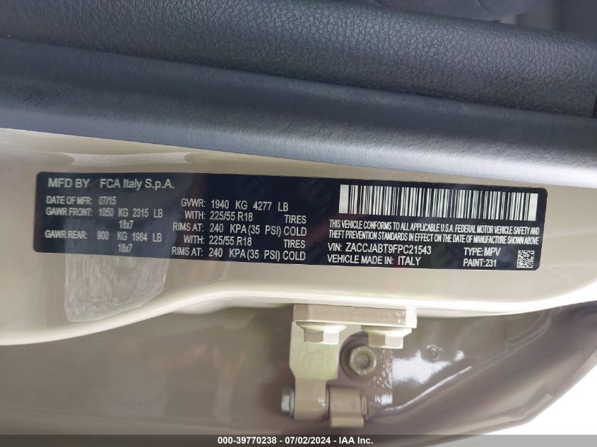 2015 Jeep Renegade Latitude VIN: ZACCJABT9FPC21543 Lot: 39770238