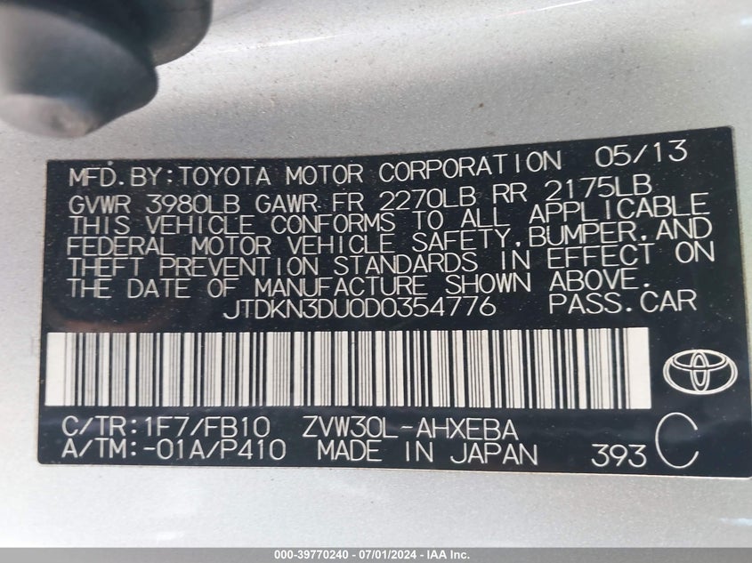 2013 TOYOTA PRIUS THREE - JTDKN3DU0D0354776