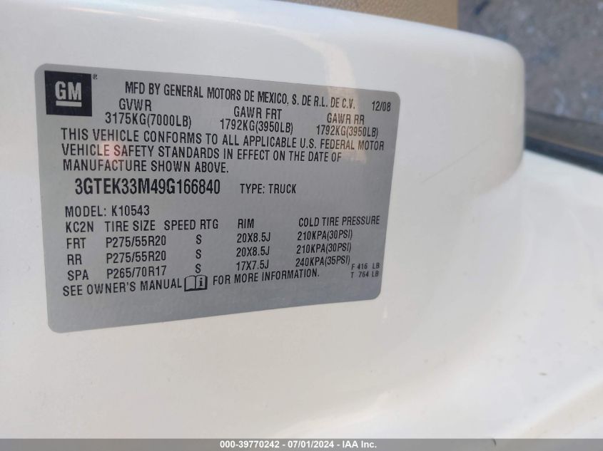 2009 GMC Sierra 1500 Slt VIN: 3GTEK33M49G166840 Lot: 39770242