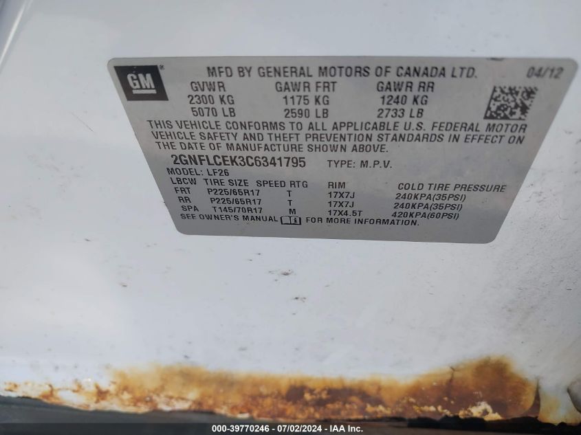 2012 Chevrolet Equinox Ls VIN: 2GNFLCEK3C6341795 Lot: 39770246