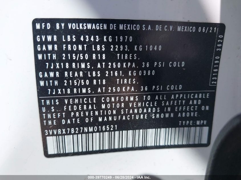 2022 Volkswagen Taos 1.5T Se VIN: 3VVRX7B27NM016521 Lot: 39770249