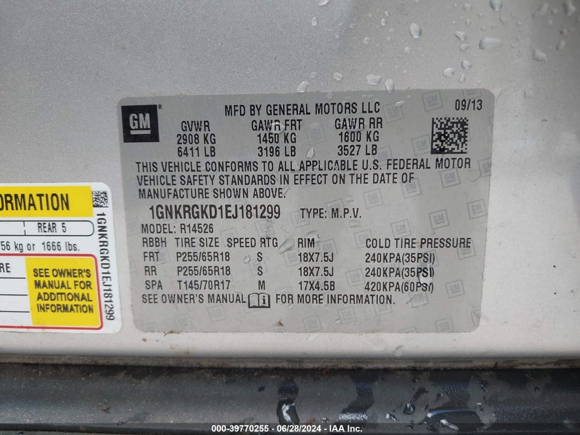 2014 Chevrolet Traverse 1Lt VIN: 1GNKRGKD1EJ181299 Lot: 39770255