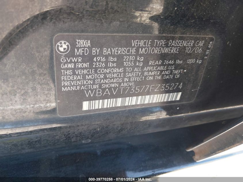 2007 BMW 328Xi VIN: WBAVT73577FZ35274 Lot: 39770258