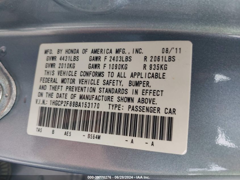 2011 Honda Accord 2.4 Ex-L VIN: 1HGCP2F89BA153170 Lot: 39770276