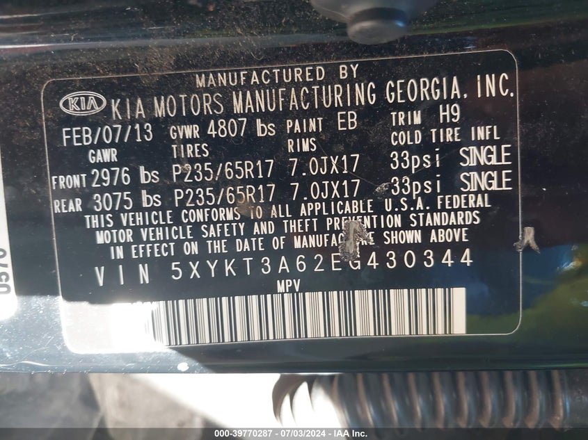 2014 Kia Sorento Lx VIN: 5XYKT3A62EG430344 Lot: 39770287
