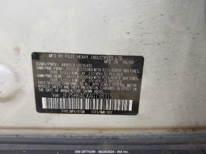 2010 Subaru Forester 2.5X VIN: JF2SH6ACXAG738315 Lot: 39770290
