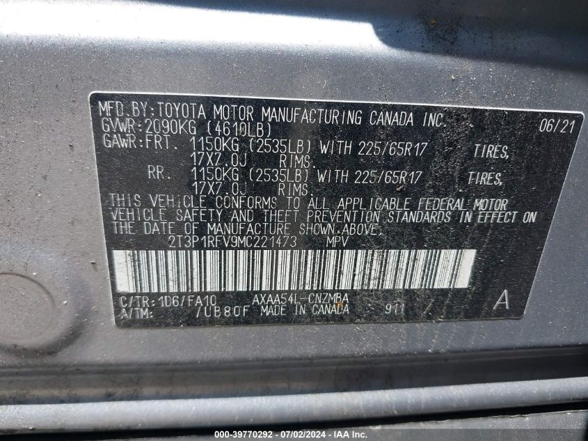 2021 Toyota Rav4 Xle VIN: 2T3P1RFV9MC221473 Lot: 39770292