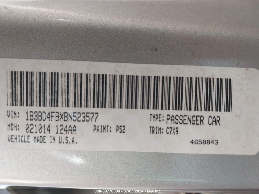 2011 Dodge Avenger Express VIN: 1B3BD4FBXBN523577 Lot: 39770304