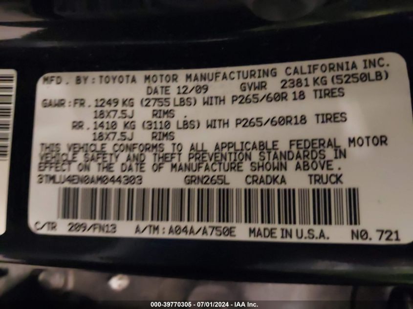 2010 Toyota Tacoma Base V6 VIN: 3TMLU4EN0AM044303 Lot: 39770305