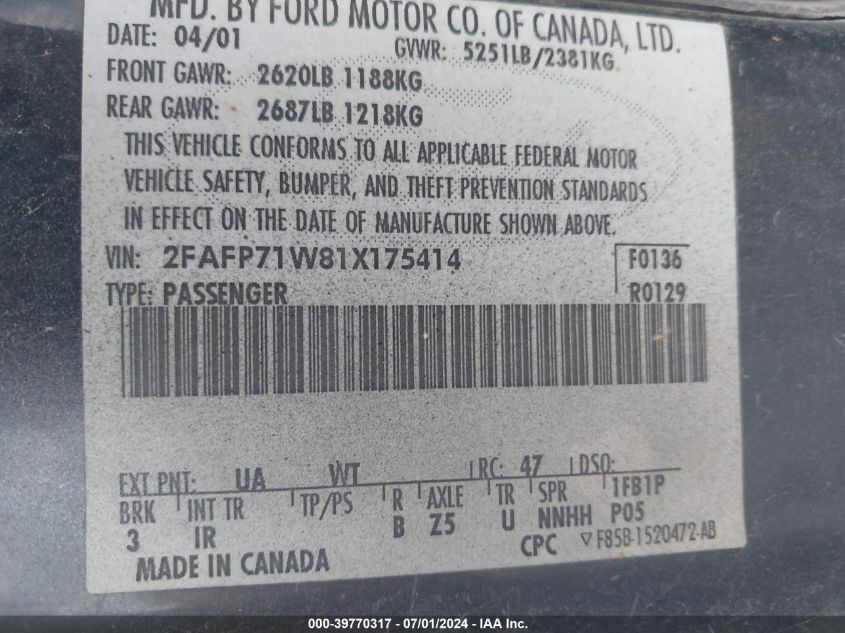 2001 Ford Crown Victoria Police Interceptor VIN: 2FAFP71W81X175414 Lot: 39770317
