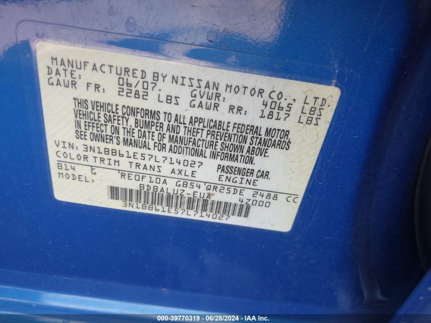 2007 Nissan Sentra Se-R VIN: 3N1BB61E57L714027 Lot: 39770319