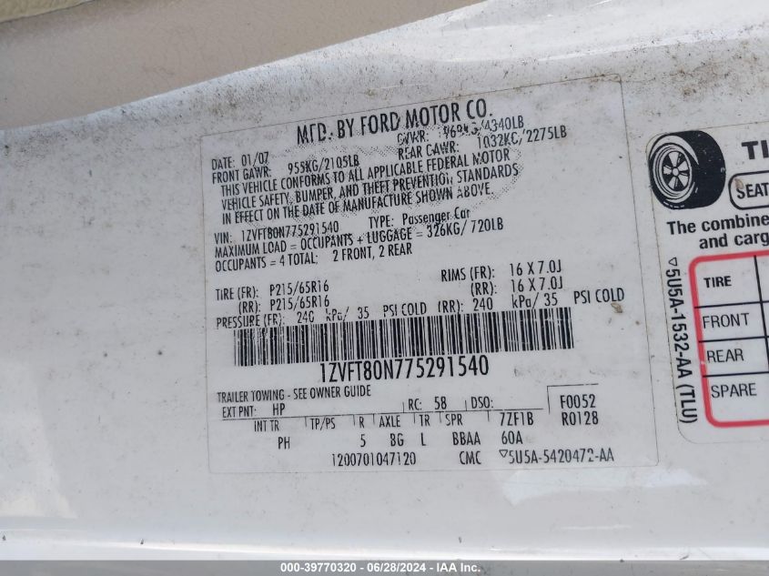 2007 Ford Mustang V6 Deluxe/V6 Premium VIN: 1ZVFT80N775291540 Lot: 39770320