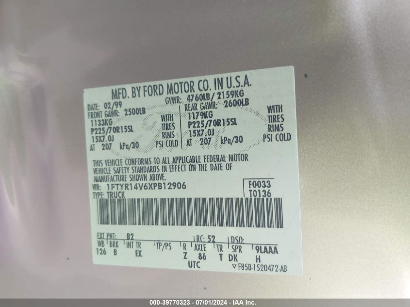 1999 Ford Ranger Xl/Xlt VIN: 1FTYR14V6XPB12906 Lot: 39770323