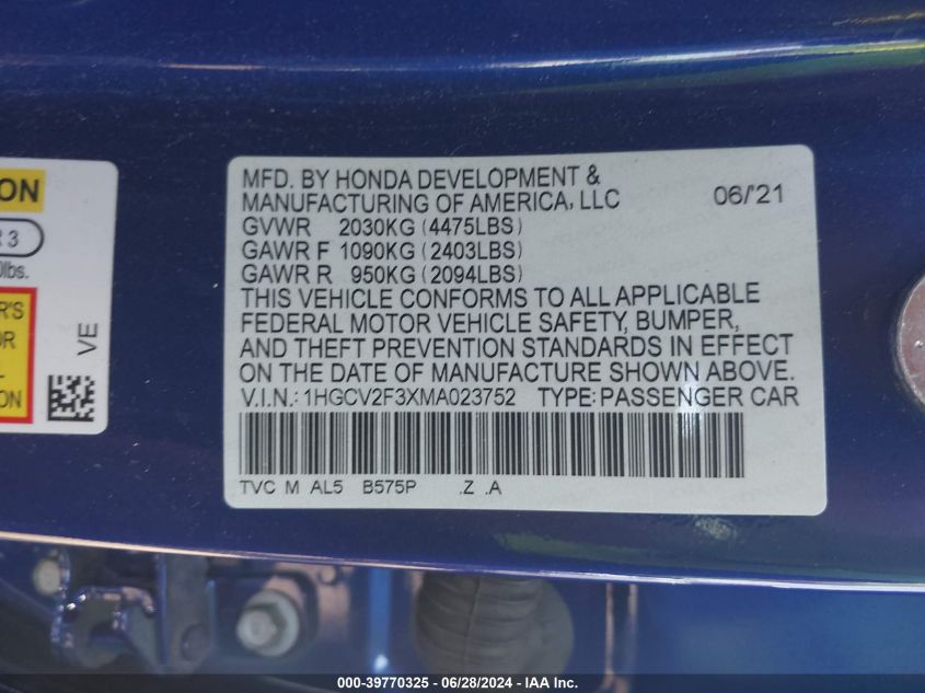 2021 Honda Accord Sport 2.0T VIN: 1HGCV2F3XMA023752 Lot: 39770325