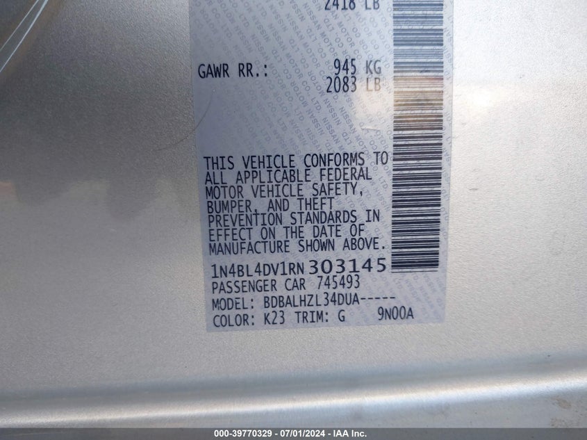 2024 NISSAN ALTIMA SV - 1N4BL4DV1RN303145