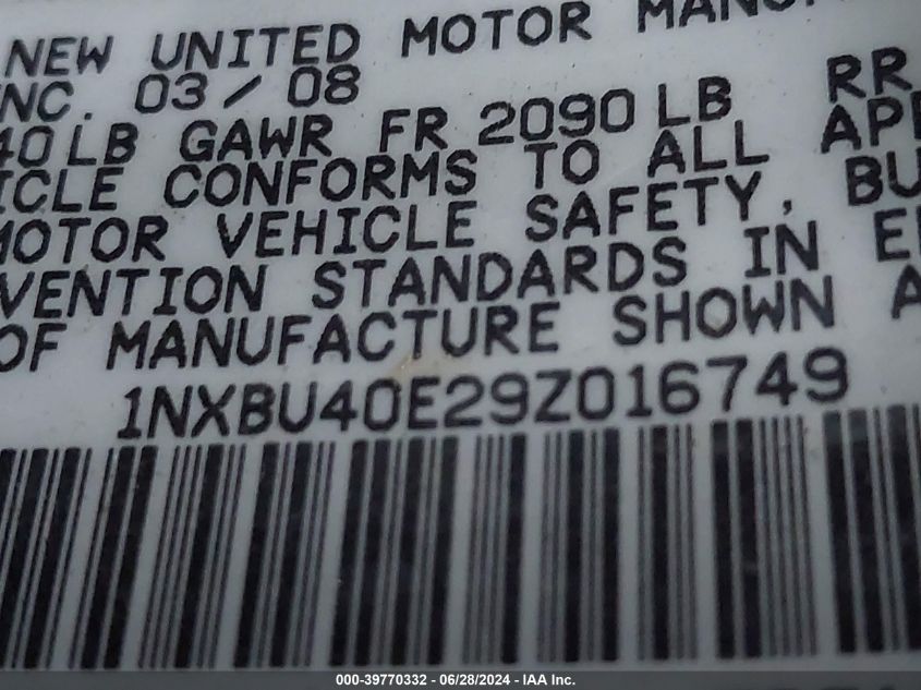 2009 Toyota Corolla S VIN: 1NXBU40E29Z016749 Lot: 39770332