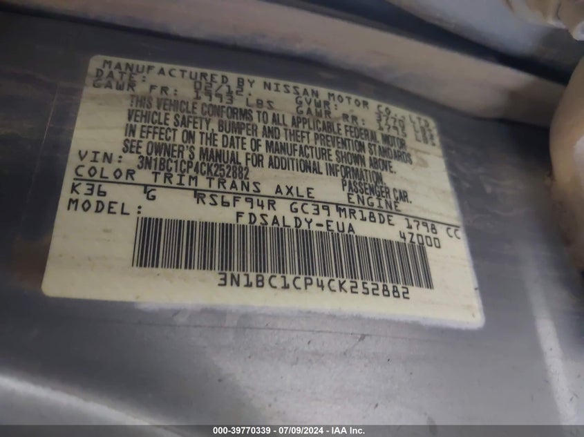 2012 Nissan Versa 1.8 S VIN: 3N1BC1CP4CK252882 Lot: 39770339