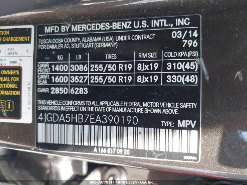 2014 Mercedes-Benz Ml 350 4Matic VIN: 4JGDA5HB7EA390190 Lot: 39770347