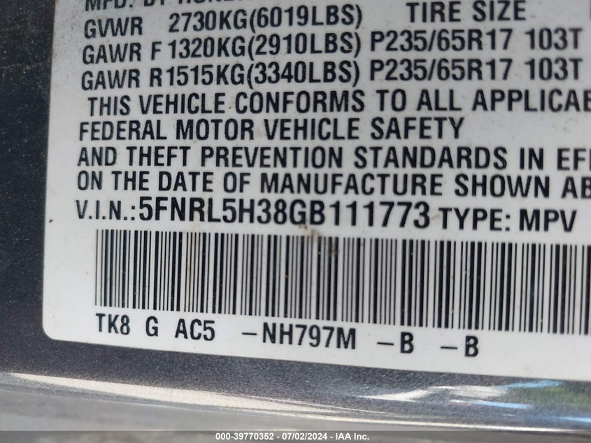 5FNRL5H38GB111773 2016 Honda Odyssey Se