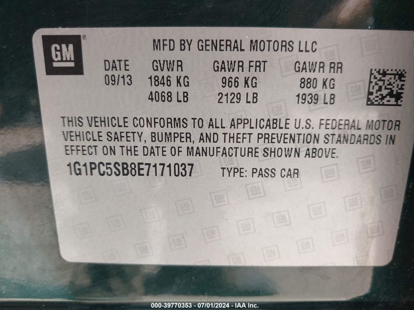 2014 Chevrolet Cruze 1Lt Auto VIN: 1G1PC5SB8E7171037 Lot: 39770353