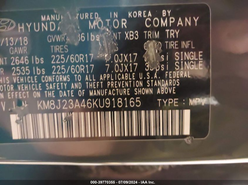 2019 Hyundai Tucson Se VIN: KM8J23A46KU918165 Lot: 39770355