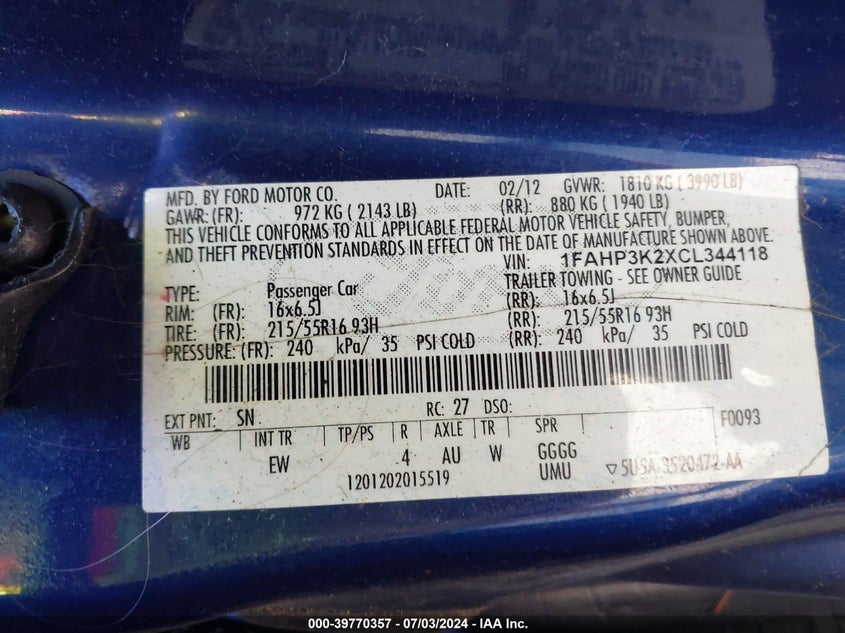 2012 Ford Focus Se VIN: 1FAHP3K2XCL344118 Lot: 39770357