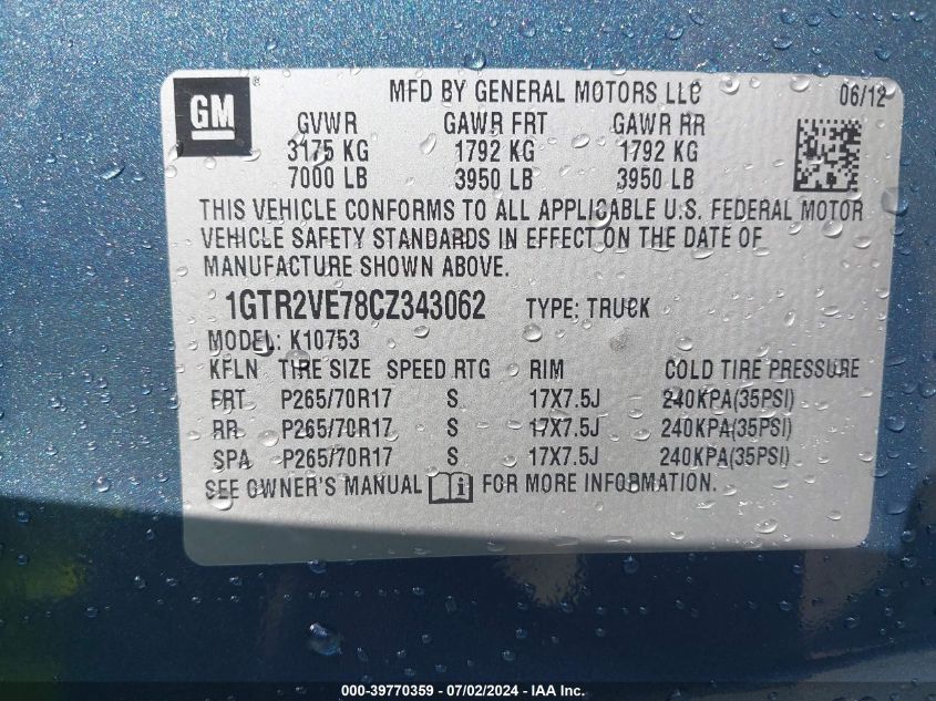 2012 GMC Sierra K1500 Sle VIN: 1GTR2VE78CZ343062 Lot: 39770359