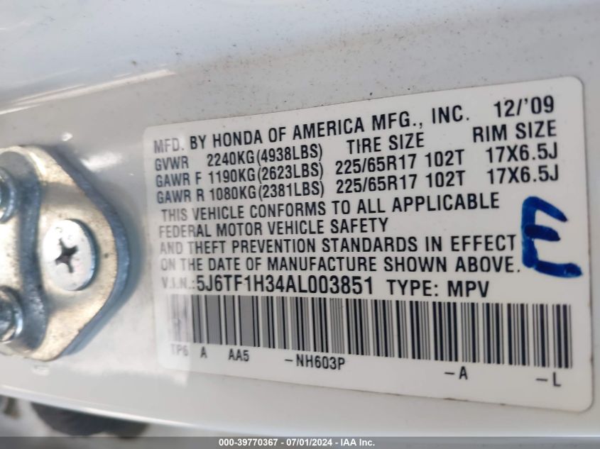 2010 Honda Accord Crosstour Ex VIN: 5J6TF1H34AL003851 Lot: 39770367