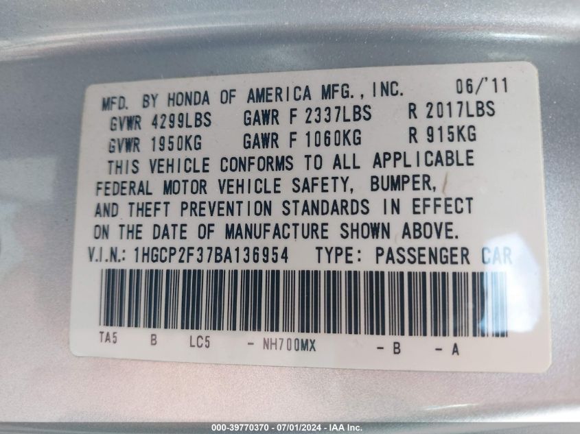 2011 Honda Accord 2.4 Lx VIN: 1HGCP2F37BA136954 Lot: 39770370