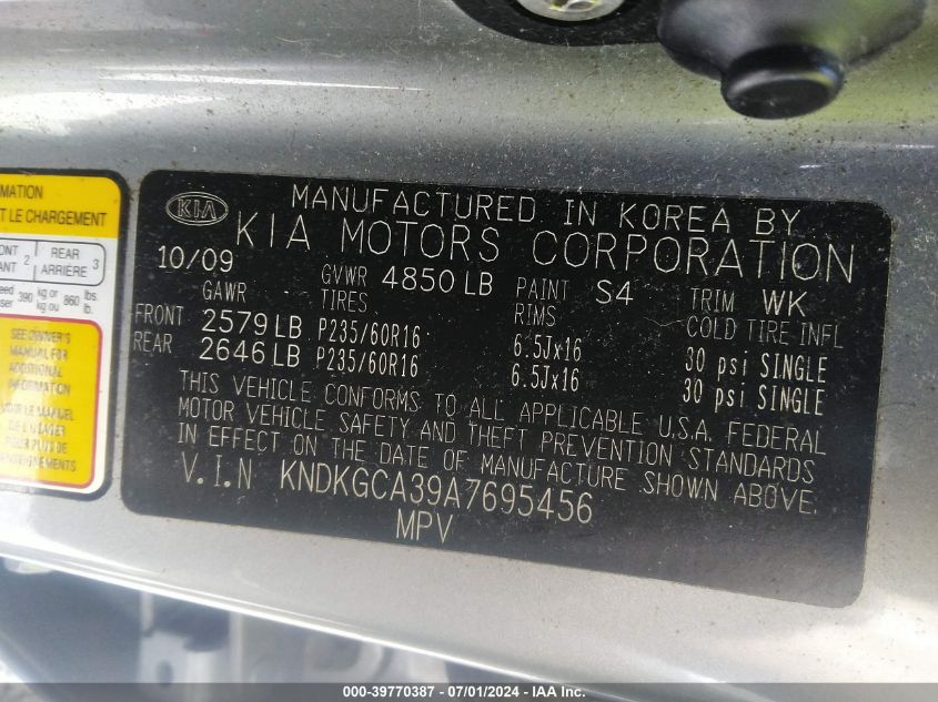 2010 Kia Sportage Lx V6 VIN: KNDKGCA39A7695456 Lot: 39770387