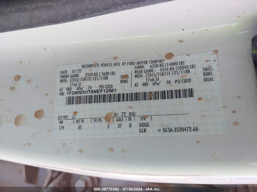 2022 Ford F350 Super Duty VIN: 1FD8W3HT8NEF12581 Lot: 39770392
