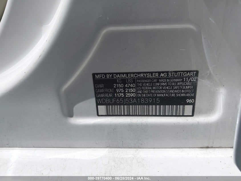 2003 Mercedes-Benz E 320 VIN: WDBUF65J53A183915 Lot: 39770400