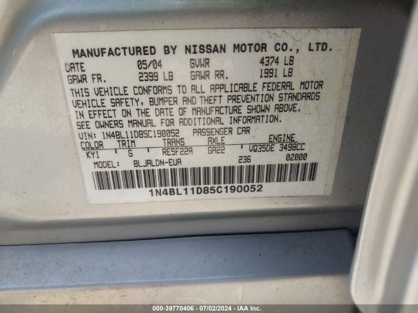2005 Nissan Altima Se/Sl/Se-R VIN: 1N4BL11D85C190052 Lot: 39770406