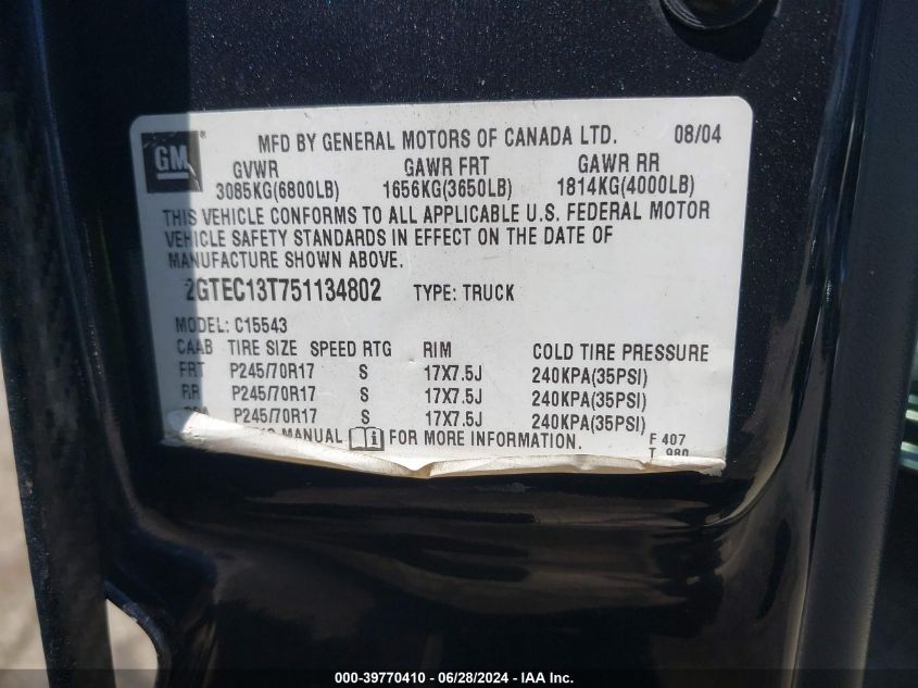 2005 GMC Sierra 1500 Slt VIN: 2GTEC13T751134802 Lot: 39770410