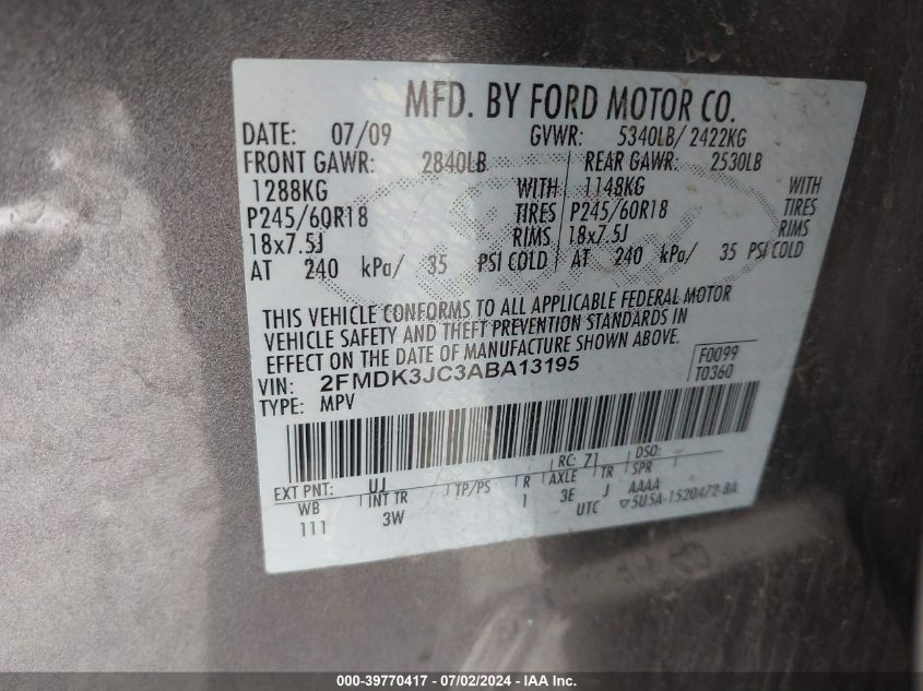 2010 Ford Edge Sel VIN: 2FMDK3JC3ABA13195 Lot: 39770417