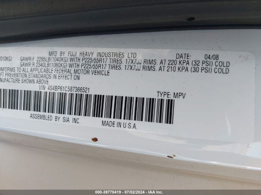 2008 Subaru Outback 2.5I/2.5I L.l. Bean Edition VIN: 4S4BP61C587366521 Lot: 39770419